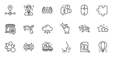 Outline set of Laureate, Support consultant and Scroll down line icons for web application. Talk, information, delivery truck outline icon. Include Search, Station, Wash hands icons. Vector