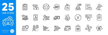 Outline icons set. Buying, Hot offer and Checklist icons. Payment exchange, Clipboard, Budget profit web elements. Horizontal chart, Dollar money, Document signs. Online buying. Vector