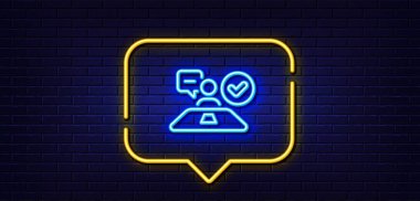 Neon light speech bubble. Approved interview line icon. Accepted employee sign. Human resource symbol. Neon light background. Job interview glow line. Brick wall banner. Vector