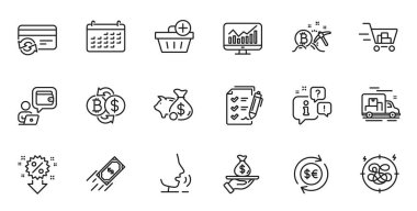 Outline set of Bitcoin mining, Fast payment and Piggy bank line icons for web application. Talk, information, delivery truck outline icon. Include Loan, Wallet, Discount icons. Vector