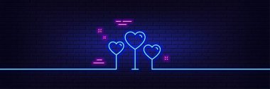 Neon light glow effect. Love hearts line icon. Valentines day sign. Couple relationships symbol. 3d line neon glow icon. Brick wall banner. Love heart outline. Vector