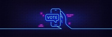Neon ışık efekti. Çevrimiçi oylama çizgisi simgesi. İnternet oylama tabelası. Web seçim sembolü. 3D çizgi neon ışıklı ikon. Tuğla duvar afişi. Çevrimiçi oylama taslağı. Vektör