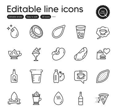 Set of Food and drink outline icons. Contains icons as Coffee cup, Water drop and Hot water elements. Coconut, Latte coffee, Food delivery web signs. Beans, Brazil nut, Ice cream elements. Vector