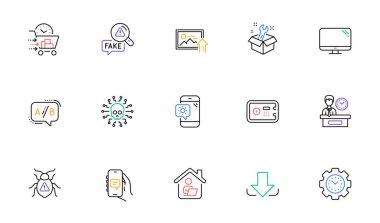 Work home, Computer and Ab testing line icons for website, printing. Collection of Safe box, Upload photo, Fake news icons. Download, Spanner, Time management web elements. Vector