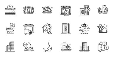 Outline set of Arena, Sleep and New house line icons for web application. Talk, information, delivery truck outline icon. Include Skyscraper buildings, Arena stadium, Loan house icons. Vector
