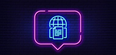 Neon light speech bubble. Internet documents line icon. Doc file page sign. Office note symbol. Neon light background. Internet documents glow line. Brick wall banner. Vector