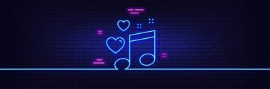 Neon light glow effect. Love music line icon. Romantic musical note sign. Couple relationships symbol. 3d line neon glow icon. Brick wall banner. Love music outline. Vector