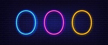 İlk harf O simgesi. Neon ışığı çizgisi etkisi. Çizgi tipografi karakteri işareti. Büyük bir yazı tipi harfi. Parlayan neon ışığı elementi. O harfi 3D parlıyor. Tuğla duvar afişi. Vektör