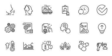 Outline set of Verify, Inspect and High thermometer line icons for web application. Talk, information, delivery truck outline icon. Vector
