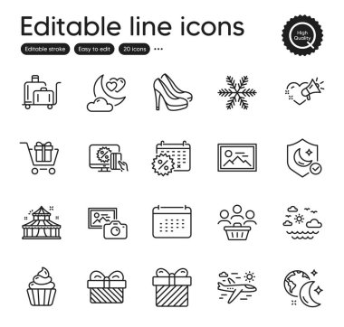 Set of Holidays outline icons. Contains icons as Love message, Photo camera and Shoes elements. Cupcake, Shopping cart, Love night web signs. Sleep, Travel sea, Snowflake elements. Vector