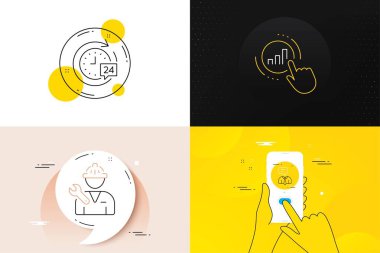 Minimal set of Support service, Repairman and Graph chart line icons. Phone screen, Quote banners. 24h delivery icons. For web development. Human talking, Repair service, Get report. Stopwatch. Vector