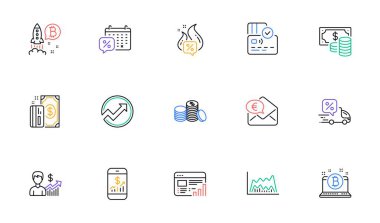 Payment, Business growth and Bitcoin line icons for website, printing. Collection of Discounts calendar, Trade chart, Coins banknote icons. Euro money, Hot offer, Mobile finance web elements. Vector