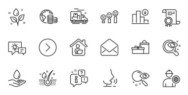 Outline set of Serum oil, Idea lamp and Engineer line icons for web application. Talk, information, delivery truck outline icon. Include Gifts, Water care, Plants watering icons. Vector