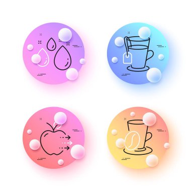 Tea, Water drop and Coffee cup minimal line icons. 3d spheres or balls buttons. Food delivery icons. For web, application, printing. Glass mug, Aqua, Latte drink. Fresh apple. Vector
