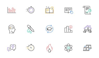 Read instruction, Work home and Report line icons for website, printing. Collection of Outsource work, Manual, Fast recovery icons. Timer, Flammable fuel, Weariness web elements. Vector