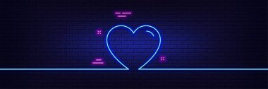 Neon light glow effect. Heart line icon. Love sign. Valentines Day sign symbol. 3d line neon glow icon. Brick wall banner. Heart outline. Vector