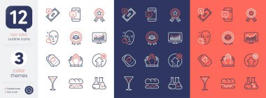 Set of 5g upload, Love ticket and Rejected payment line icons. Include Justice scales, Face search, Winner ribbon icons. Martini glass, Chemistry lab, Smile web elements. Burger. Vector