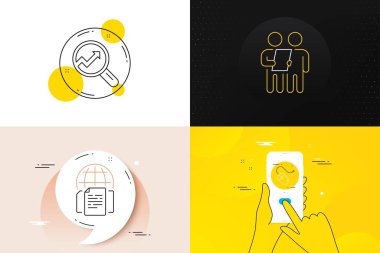 Minimal set of Internet documents, Analytics and Computer mouse line icons. Phone screen, Quote banners. Survey icons. For web development. Web page, Audit analysis, Pc device. Contract. Vector