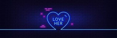 Neon light glow effect. Love her line icon. Sweet heart sign. Valentine day symbol. 3d line neon glow icon. Brick wall banner. Love her outline. Vector