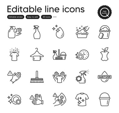 Set of Cleaning outline icons. Contains icons as Dishwasher timer, Dont touch and Water drop elements. Hold t-shirt, Dry t-shirt, Wash hands web signs. Hand sanitizer, Dirty mask. Vector