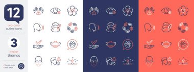 Set of Farsightedness, Face id and Dermatologically tested line icons. Include Pets care, Medical mask, Clean hands icons. Face recognition, Cough, Pillow web elements. Clean skin. Vector