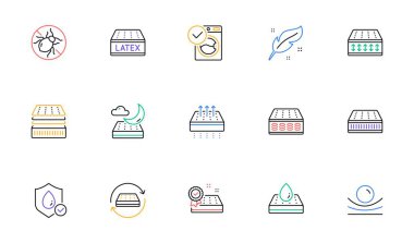Mattress line icons set. Memory foam, pillow, latex. Breathable, washable, bed tick icons. Light weight, natural material, pocket sprung mattress. Bed mite, antiallergic latex. Vector