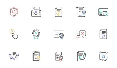 Reddetme satırı simgeleri. Reddet, İptal Et ve Sevme. Onaylamayan doğrusal simge seti. İki renkli ağ elementleri. Vektör