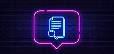 Neon ışığı konuşma balonu. Dosya satırı simgesini ara. Belge işaretini bul. Camı büyüt. Neon ışıklı arka plan. Dosya parlaklık satırını ara. Tuğla duvar afişi. Vektör