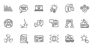 Outline set of Clipboard, Investment graph and Ranking star line icons for web application. Talk, information, delivery truck outline icon. Vector