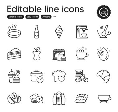 Set of Food and drink outline icons. Contains icons as Water drop, Coffee maker and Cake elements. Coffee cup, Food delivery, Food market web signs. Tea cup, Coffee-berry beans. Vector