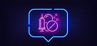 Neon light speech bubble. Medical drugs line icon. Medicine syringe sign. Pharmacy medication symbol. Neon light background. Medical drugs glow line. Brick wall banner. Vector