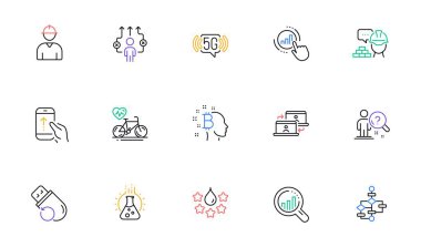 Graph chart, Quality and Engineer line icons for website, printing. Collection of Cardio bike, Block diagram, Flash memory icons. Search employee, Chemistry lab, Build web elements. Vector