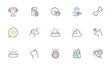 Hayvan çizgisi simgeleri ayarlandı. Veteriner, kedi maması ve köpek bakımı. Güzel hayvanlar, evcil hayvanlar ve köpek kulübesi ikonları için şampuan. Aşı, hayvan bakımı ve köpek pençesi. Kazanan kupa, sertifika ve madalya. Hayvan dışkısı. Vektör