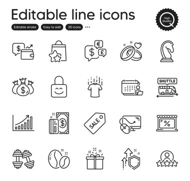 Set of Business outline icons. Contains icons as Accounting, Sale ticket and Market elements. Shuttle bus, Human rating, Marriage rings web signs. Lock, Improving safety. Vector