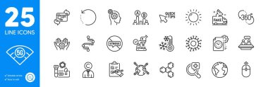 Outline icons set. Quick tips, Covid test and Timeline icons. Coronavirus, Checklist, 360 degree web elements. Chemical formula, 5g wifi, Employees talk signs. Stop stress, Fake news. Vector