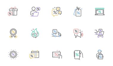 İndirimli satır simgeleri. İndirim kuponu, online alışveriş tabelası, indirimli fiyat etiketi. Toptan satış pazarı, takvim, iyi anlaşma simgeleri. Kupon bileti, megafon teklifi, teslimat indirimi. Vektör