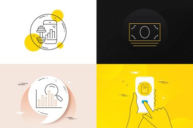 Minimal set of Fitness app, Cash money and Search line icons. Phone screen, Quote banners. Approved checklist icons. For web development. Training program, Banking currency, Analytics. Vector