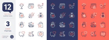Set of Coffee, Car travel and Ice cream line icons. Include Heart, Shift, Coupons icons. Sale bags, Snowman, Delivery web elements. Journey, Christmas ball, Puzzle time. Cafe, Transport. Vector