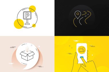 Minimal set of Delivery, Parking and Get box line icons. Phone screen, Quote banners. Road icons. For web development. Cargo schedule, Auto park, Send package. Journey highway. Vector