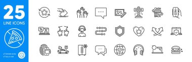 Outline icons set. Blog, Food delivery and Message icons. Info app, Cashback card, Global insurance web elements. Wallet, Voting hands, Laptop insurance signs. Recovery laptop. Vector