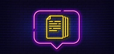 Neon light speech bubble. Copy documents line icon. Doc file duplicates sign. Office note symbol. Neon light background. Copy documents glow line. Brick wall banner. Vector