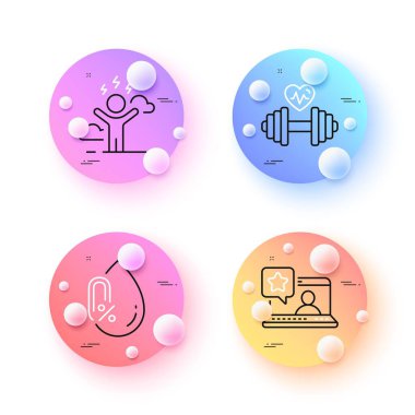 No alcohol, Difficult stress and Online rating minimal line icons. 3d spheres or balls buttons. Dumbbell icons. For web, application, printing. Mineral oil, Mind anxiety, Favorite message. Vector