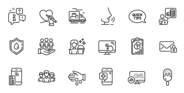 Outline set of Donation money, Medical phone and Cleaning line icons for web application. Talk, information, delivery truck outline icon. Include Ice cream, Teamwork, Report statistics icons. Vector