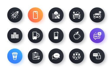 Minimal set of Buying process, Discounts bubble and Parking flat icons for web development. Company, Car wash, Smartphone icons. Takeaway coffee, Startup rocket. Circle buttons with icon. Vector