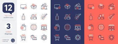 İş yeri seti, Atom ve Alışveriş Tramvayı simgeleri. Seyahat pasaportu, para kutusu, 5 gramlık internet simgeleri dahil. Viski şişesi, monitör ayarları, Globe web elementleri. Piyasa alıcısı, Gitar. Vektör