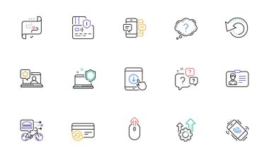 Smartphone sms, Çağrı Merkezi ve Soru baloncukları çizgisi simgeleri web sitesi ve yazdırma için. Bilgisayar güvenliği tahsilatı, Seo teçhizatı, simgeleri kaldırın. Kartı değiştir, soru işareti. Vektör