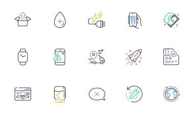 Siber saldırı, su soğutucusu ve web sitesi ve baskı için Kurtarma hattı simgeleri. Dış kaynak tahsilatı, Smartwatch, Cashback simgeleri. Kart, Uyarı mesajı, Teslimat web elemanları. Vektör