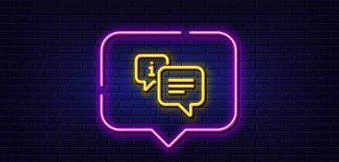 Neon light speech bubble. Information line icon. Info speech bubble sign. Help inform symbol. Neon light background. Info glow line. Brick wall banner. Vector