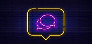 Neon light speech bubble. Messenger line icon. Speech bubble sign. Chat message symbol. Neon light background. Messenger glow line. Brick wall banner. Vector