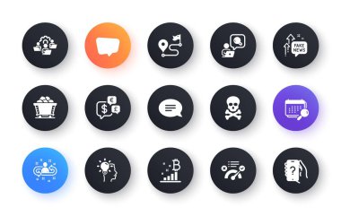 En az sayıda sahte haber, doğru cevap ve web geliştirme için para birimi simgeleri. Sohbet mesajı, Bitcoin grafiği, Seyahat simgeleri. Teftiş, Takvim, Takım çalışması web elemanları. Vektör